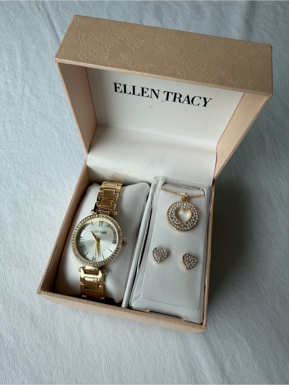 Ellen Tracy Gold-Tone Watch with Heart Pendant & Crystal Heart Studs